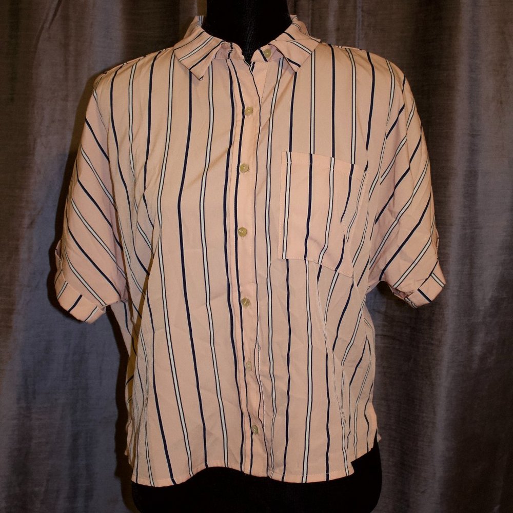 Forever 21 Pink Stripped Cropped Short Sleeve Button Up